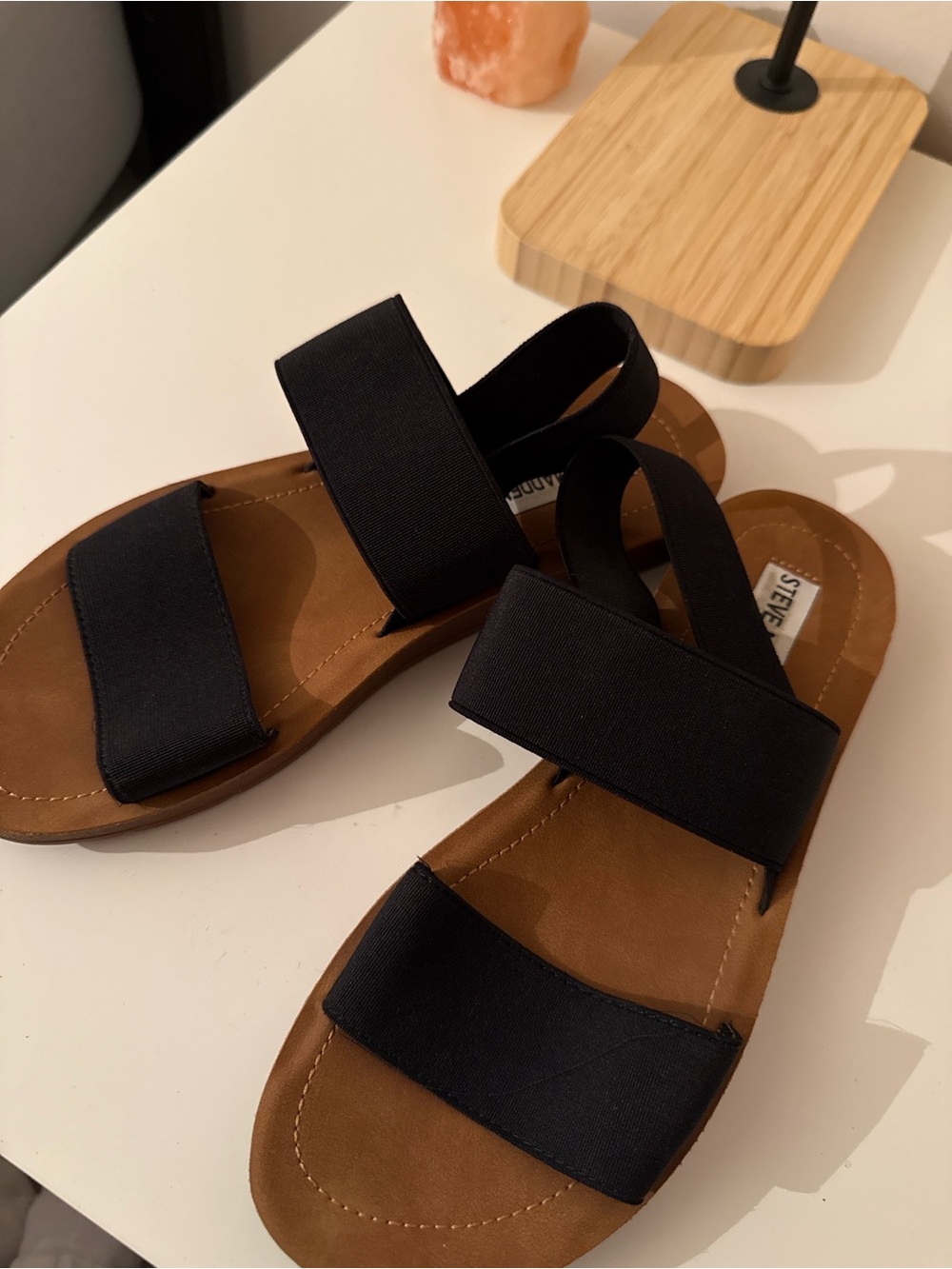 Steve Madden Black Strap Sandals with Tan Footbed